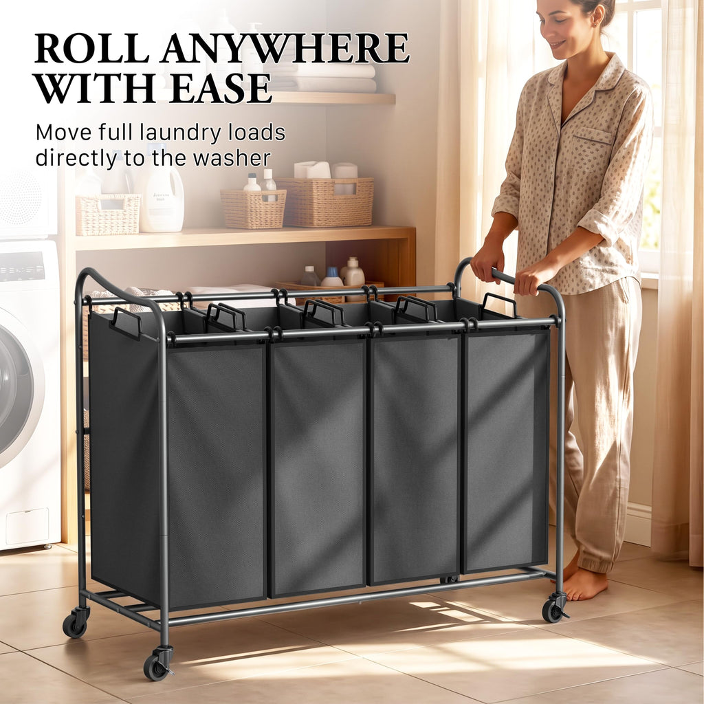 4-Bag Heavy Duty Laundry Sorter Rolling Cart, Dark Grey