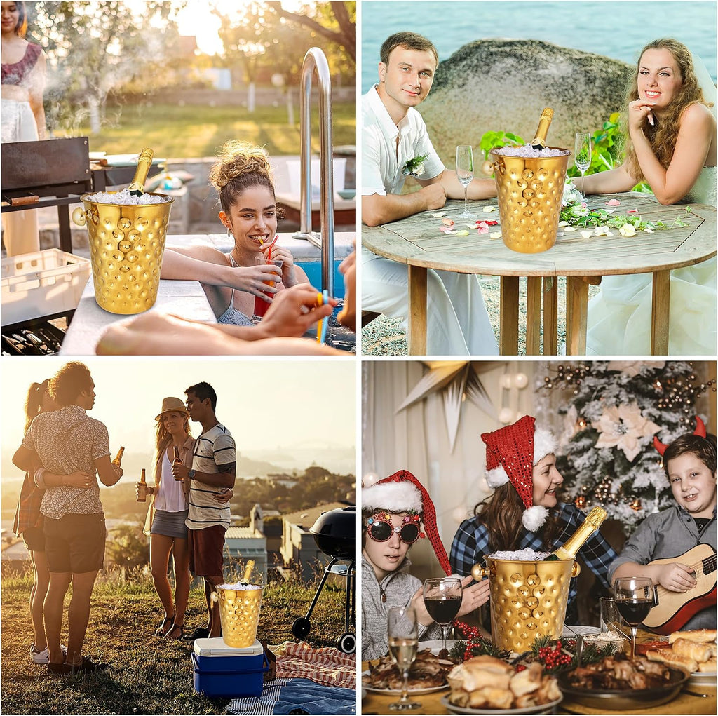 5-Quart Metal Golden Champagne Bucket, Hammered Mirror Finish Stainless Steel Ice Bucket for Party, Wedding, Banquet