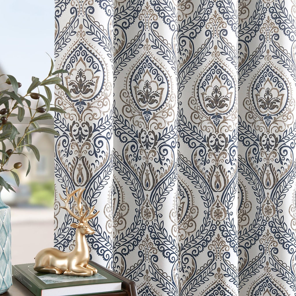 Blackout Curtains 84 Inches Long Blue Damask Medallion Curtain for Bedroom Black Out Drapes Printed Vintage Luxury