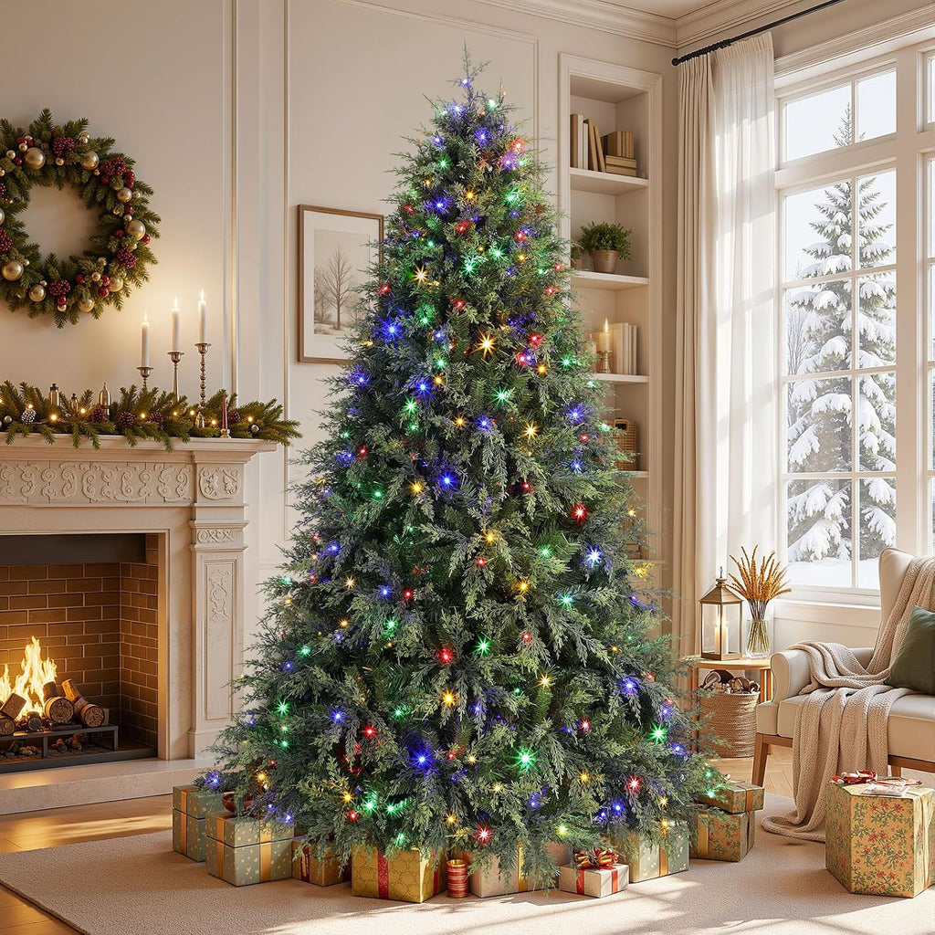 Prelit Artificial Cypress Christmas Tree, Dual Color Lights