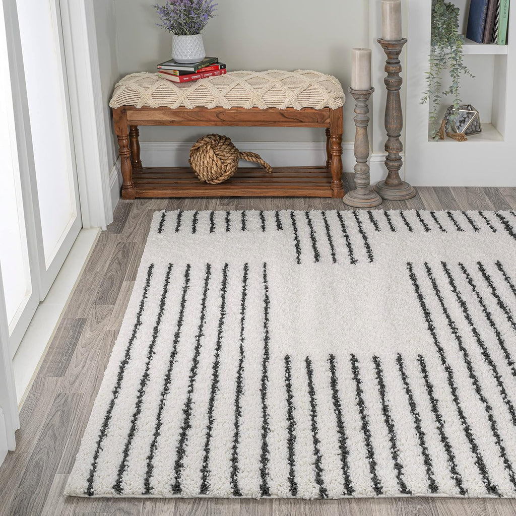 Petra Abstract Stripe Shag White/Gray Indoor Area Rug, Geometric, Bohemian, Contemporary, Easy-Cleaning, Pet