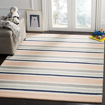 Kids Collection Area Rug, Ivory & Multi, Handmade Stripe Wool, Ideal for High Traffic Areas (SFK916A)