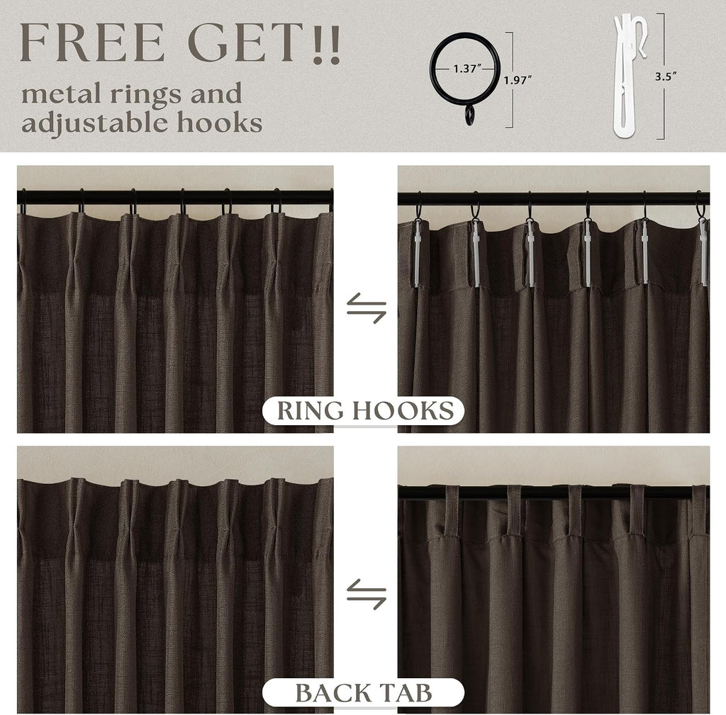 Dark Chocolate Pinch Pleated Linen Curtains 2 Panels for Living Room Bedroom Memory Training Shaped Semi Sheer Pleat