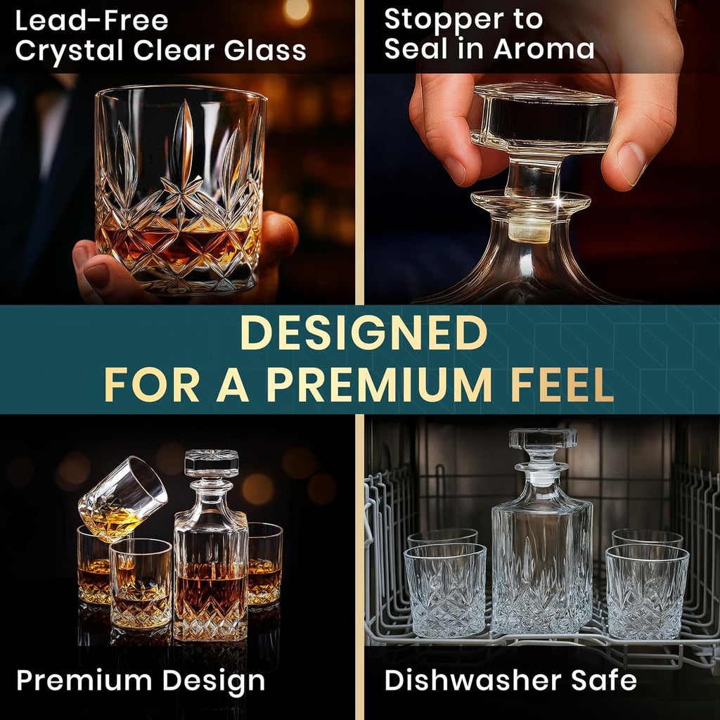 Whiskey Decanter Set for Men, Crystal Bourbon Decanter 24 oz with 4 Glasses - Set of 5