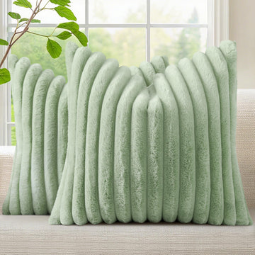 Fall Faux Fur Throw Pillow Covers 22x22 Set of 2 Sage Green