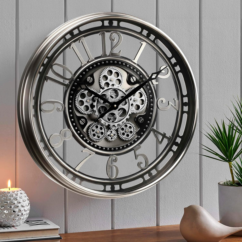 Inch Large Moving Gear Wall Clock,Industrial Steampunk Decor,Decorative Wall Clock for Modern Farmhouse Living Room Decor,Gunmetal...