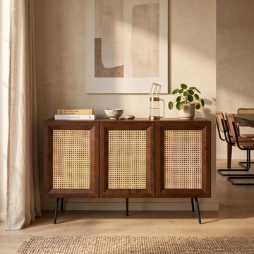 Modern Sideboard with 3 Doors, Natural Rattan Storage Cabinet, Buffet with Metal Legs, Boho Accent Cabinet , and