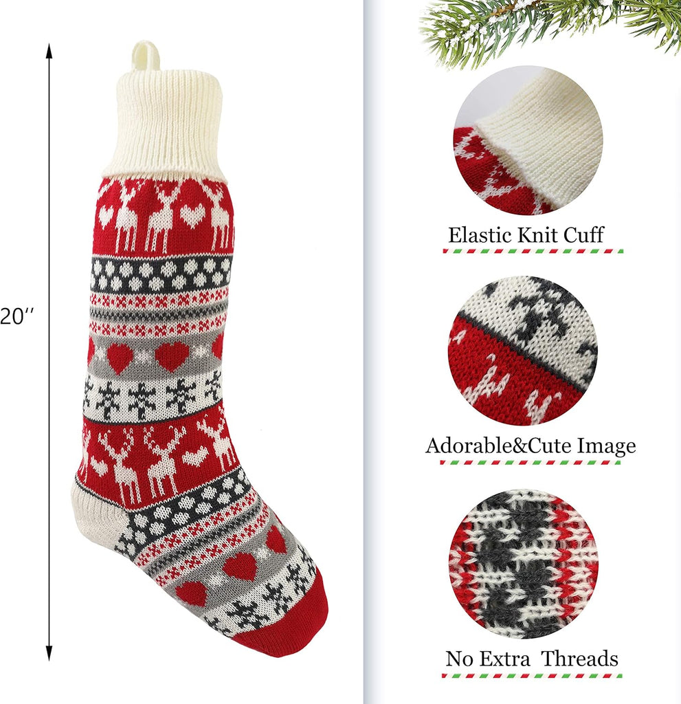 Set of 4 20'' Extra Long Knitted Christmas Stockings Stretchable Handmade Woven Snowflakes and Reindeer Assorted Xmas