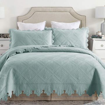 3-Piece 100% Cotton Oversized Bedspread Lightweight Quilt Coverlet Embroidery Farmhouse Bedding Set (Tk Aqua Green