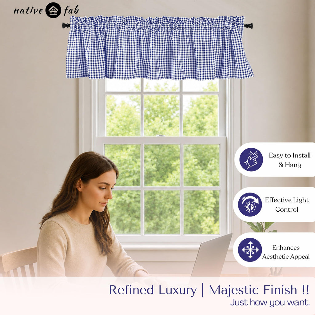 Gingham Checkered 2 Pack Window Curtain Valance Set - Rod Pocket - Semi Sheer - Farmhouse Small Curtain - 54"x18"