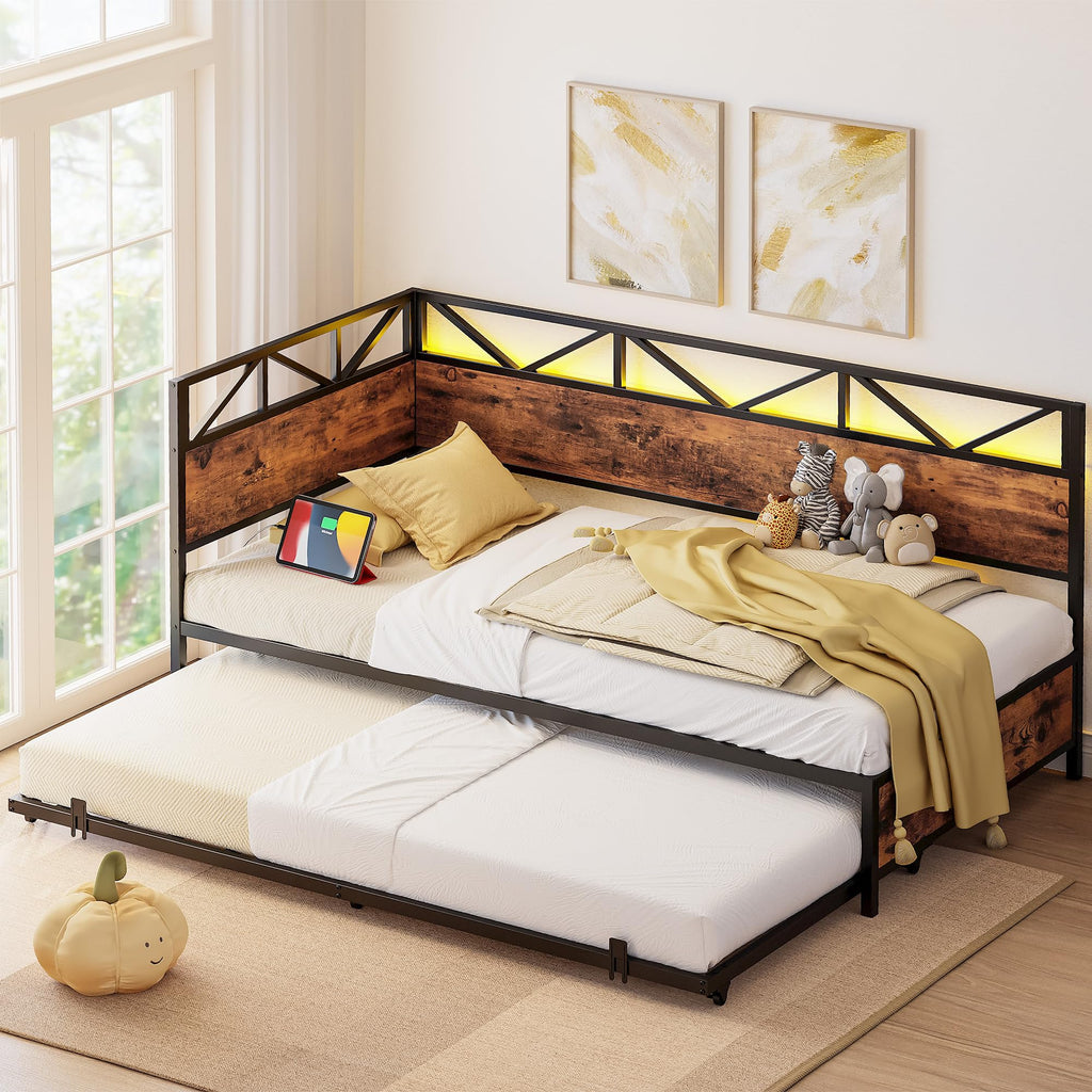 Twin Daybed with Trundle, Sofa Bed with Charging Station