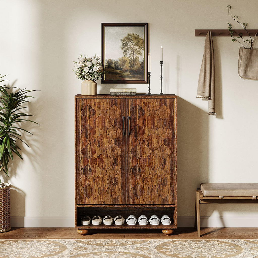 Shoe Cabinet, Farmhouse Tall Shoe Cabinet with Doors and Adjustable Shelves, Solid Wood Shoes Storage, Foyer