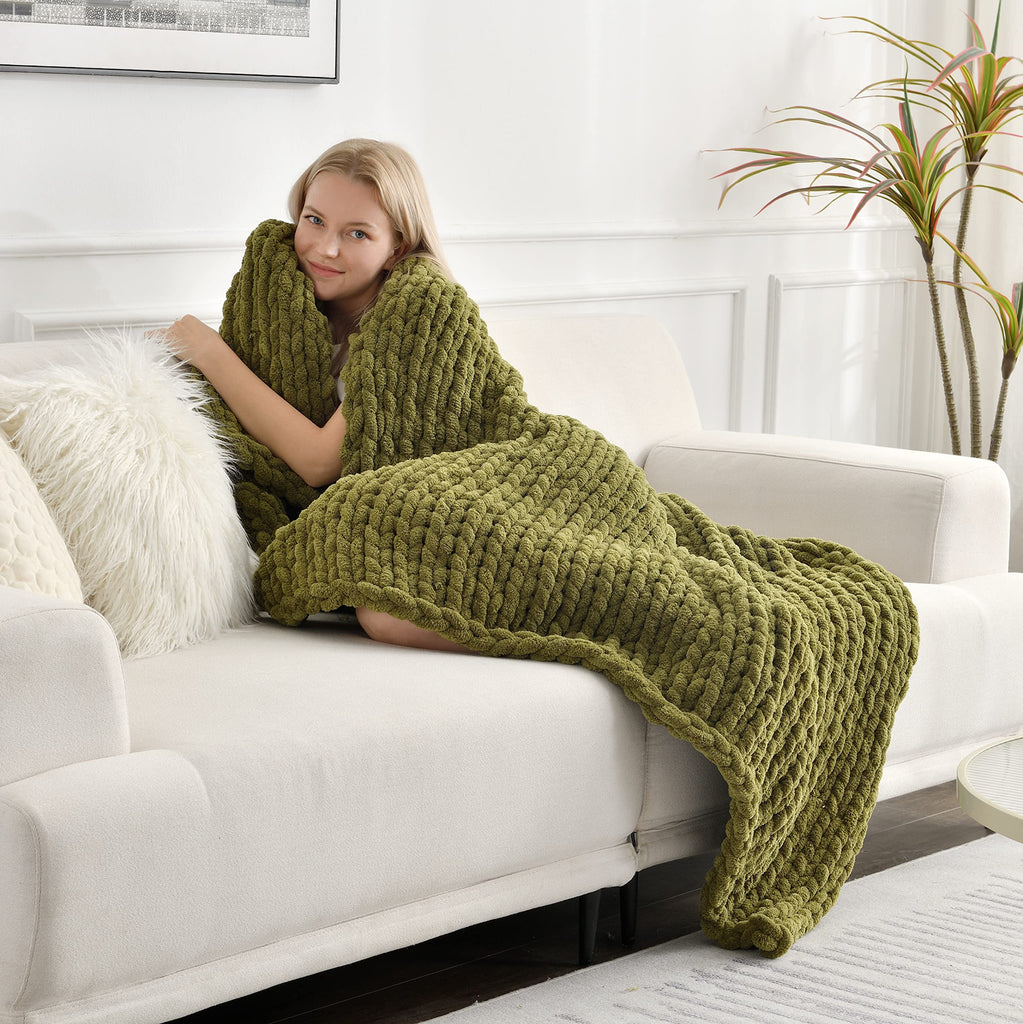 Tighter Version Chenille Chunky Knit Blanket Throw 50×60 Inch, Handmade Warm & Cozy Blanket Couch, Bed, Home Decor