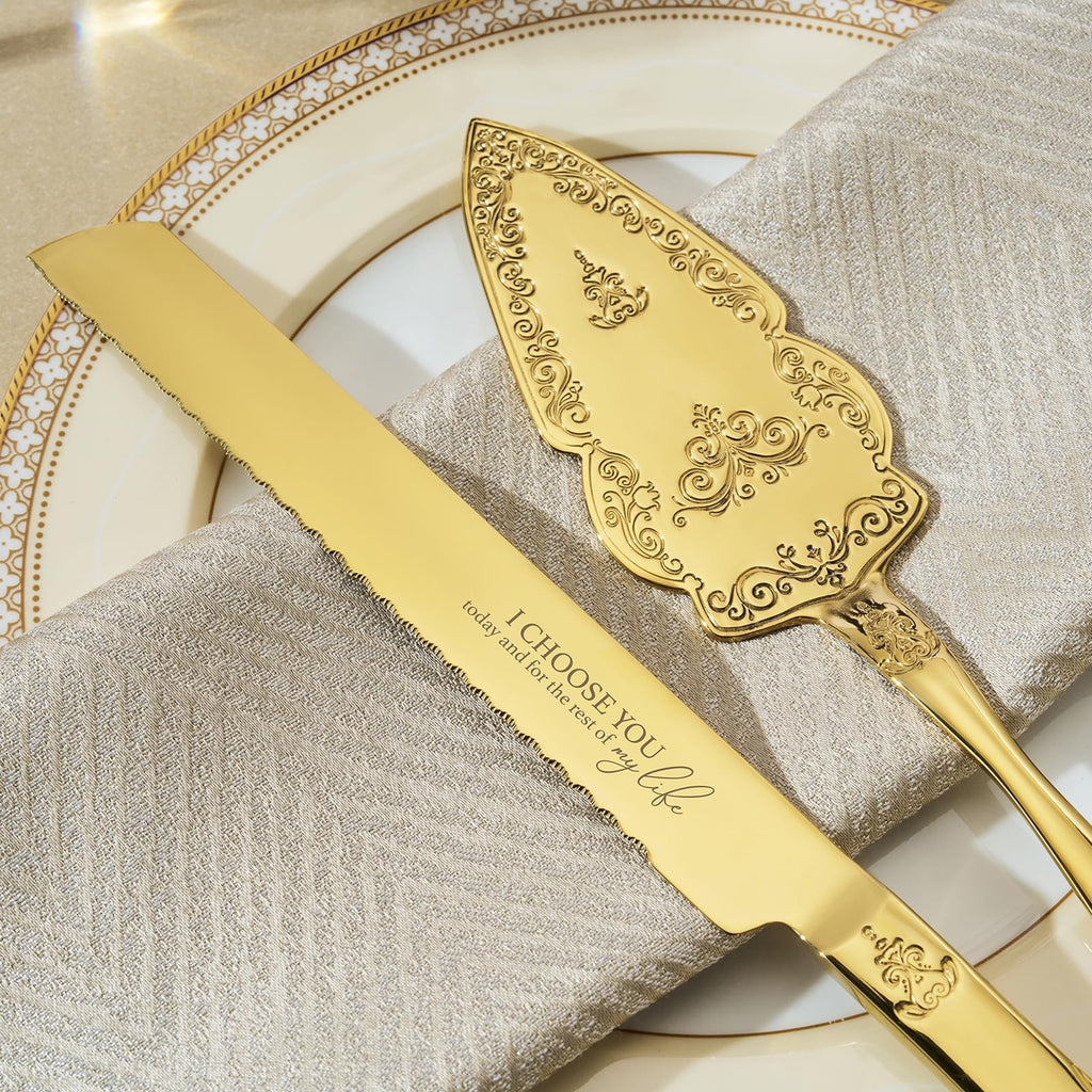 Gold Cake Cutting Set for Wedding, Wedding Cake Knife and Server