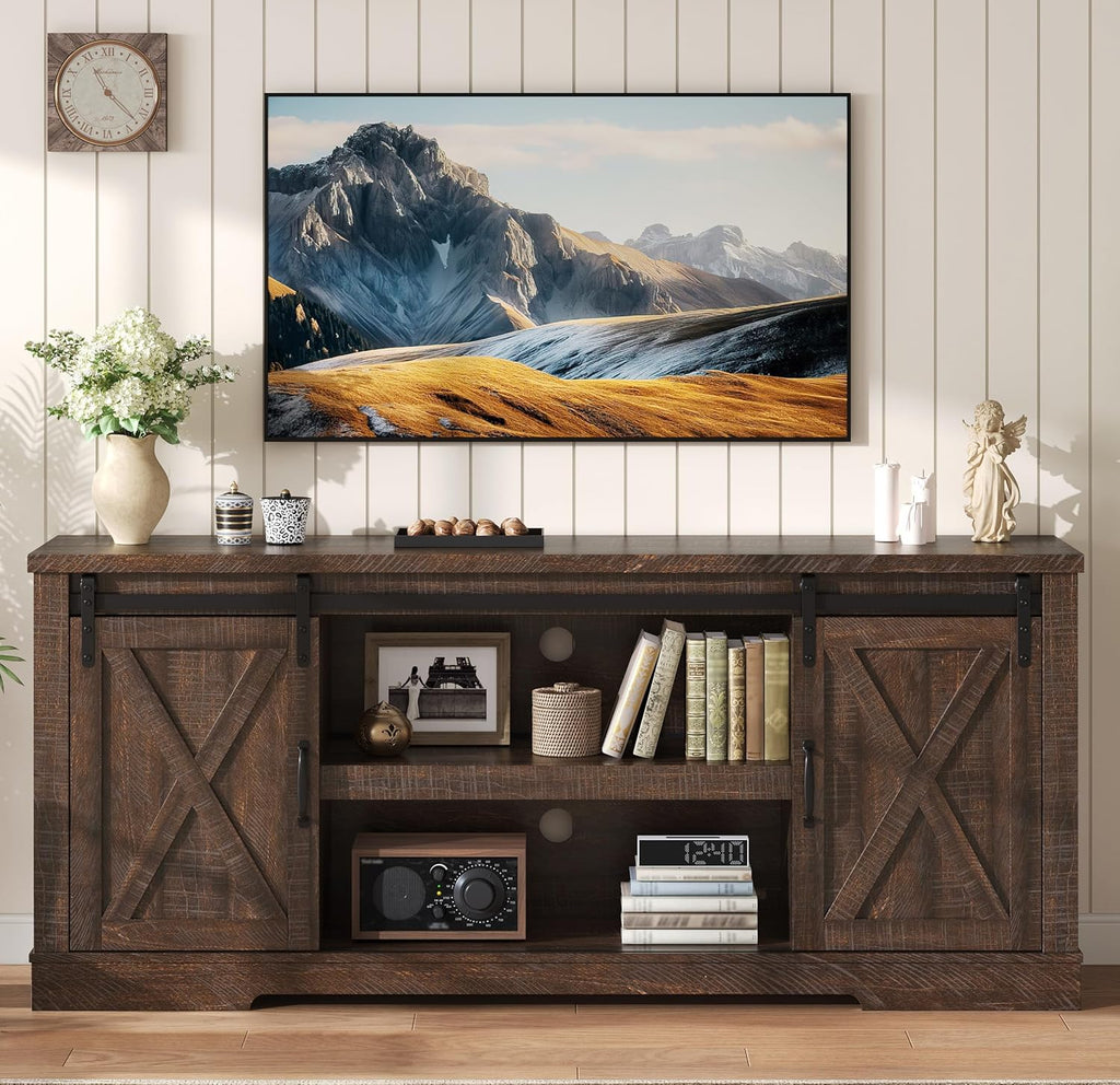 66" TV Stand for 65 Inch TV, Farmhouse Entertainment Center with Storage Cabinets and Adjustable Shelf & Feet, Modern
