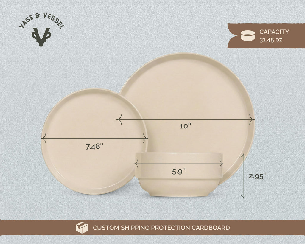 Ceramic Dinnerware Set, 12-Piece Service for 4, Soup Bowls (25 oz), Salad Plates (7.5"), Dinner Plates (10"), Round