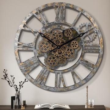 23 Inch Steampunk Gear Clock with Moving Gears Wooden Bronze