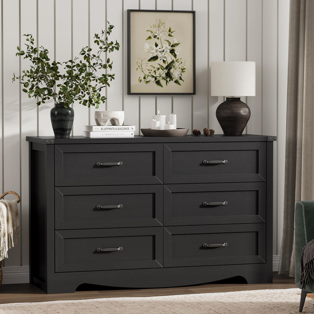 Dresser with 6 Drawers, 48" Wide Wood Chest of Drawers with Deep Drawers & Mental Handle, Modern Dresser TV Stand