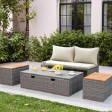 Outdoor Rattan Daybed with 2 Side Tables, Multifunctional Wicker Patio Sofa with Storage Ottoman, Cushions