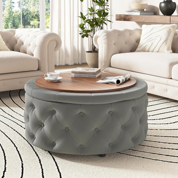 30 Inch Round Ottoman with Storage Tray,Large Coffee Table | Circle Modern Button Footstool with Removable Lid,Cozy
