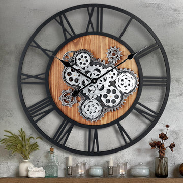 23 Inch Steampunk Large Wall Clock with Moving Gears Wooden Brown