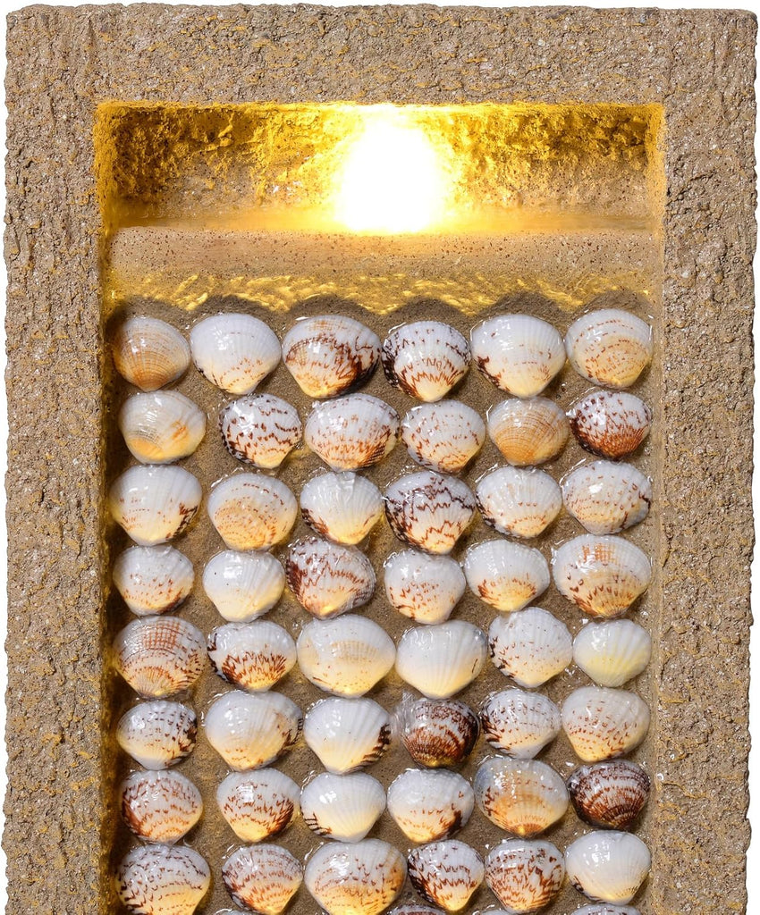 Coastal Seashells Design Outdoor Water Fountain - Warm Glow Lighting with Steady Flow & Electric Pump, Brown