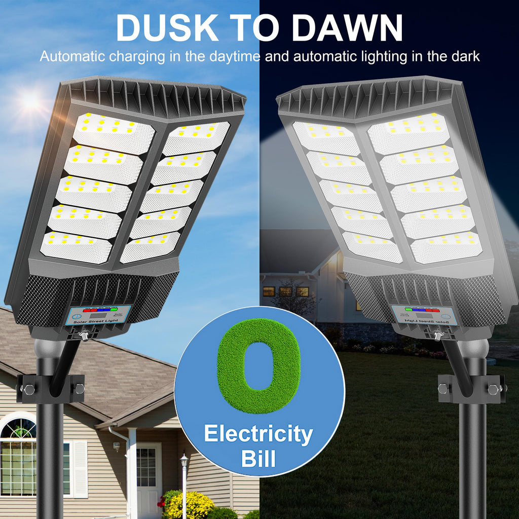 Solar Street Light with Pole Mount, Dusk-to-Dawn Outdoor LED, 300000 LM, 7000K IP67 Waterproof, Adjustable Modes, for