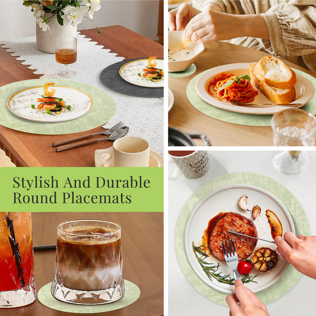 Placemats Set of 8, 13" Round Reversible Faux Leather with Coasters