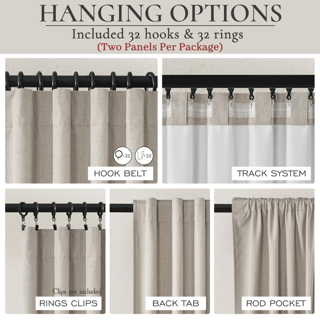 Grayish Flax Linen Blend Black Out Curtains 96 Inch Long 2 Panels Set, Elegant Room Darkening Insulated Boho Window