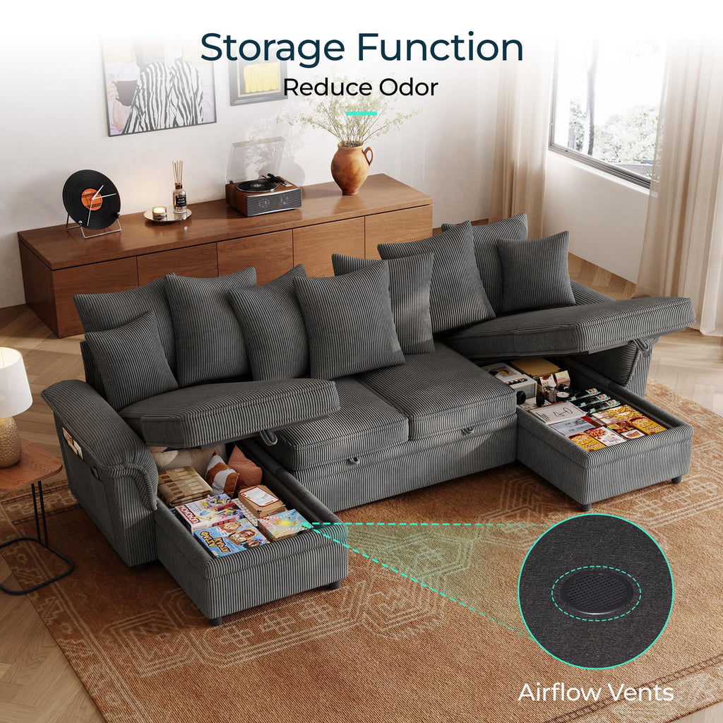 Sectional Couch with Pull Out Bed, Large Corduroy Modular Sleeper Sofa, Storage Chaise, Wide Armrest, 118" 4 Seats