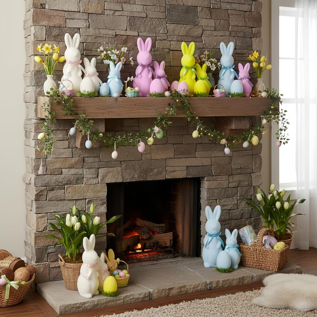 Easter Bunny Decor Set, 3 Pack Pastel Flocked Bow-Tied Bunny Set (13", 8", 4") Bunny Figurines for Spring Home Decor - Set of 3