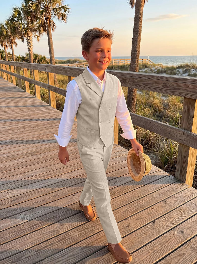 Boys Linen Suit Slim Fit Kids 5 Piece Casual Summer Suits Set