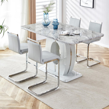 5 Piece Marble Dining Table Set for 4, Counter Height Dining Table Set, 63" Dining Room Table with 4 Light Grey Leather