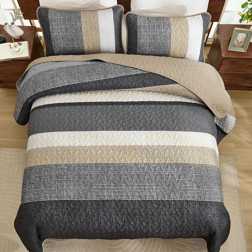 Grey Quilt Set, 3-Piece Boho Striped Bedding