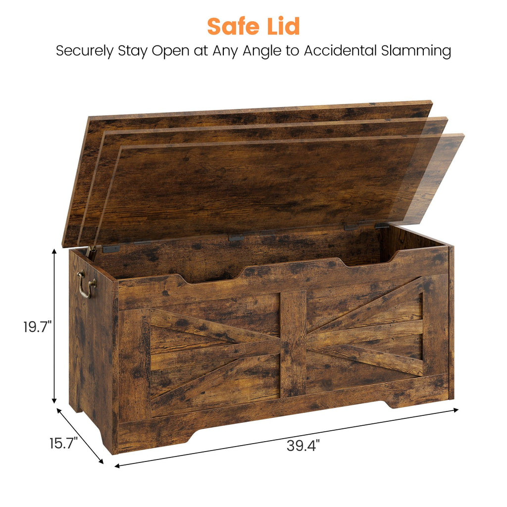 39.4" Storage Chest, Wooden Storage Bench with Safety Hinge, Retro Blanket Storage Trunk, Supports 350 lb, Rustic