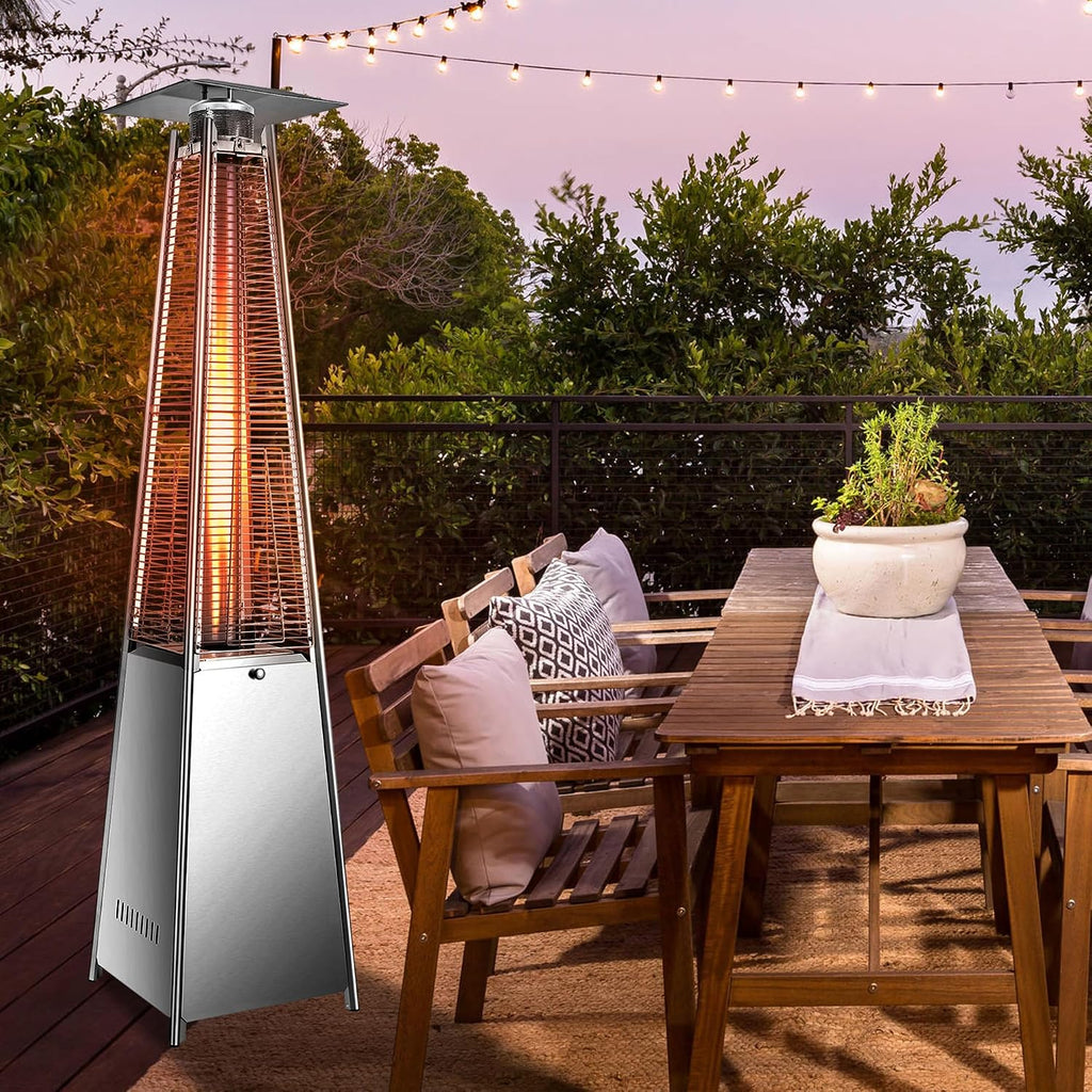 42,000 BTU Pyramid Patio Heater, Outdoor Propane Heater with Quartz Glass Flame Tube, Stainless Steel Patio Heater
