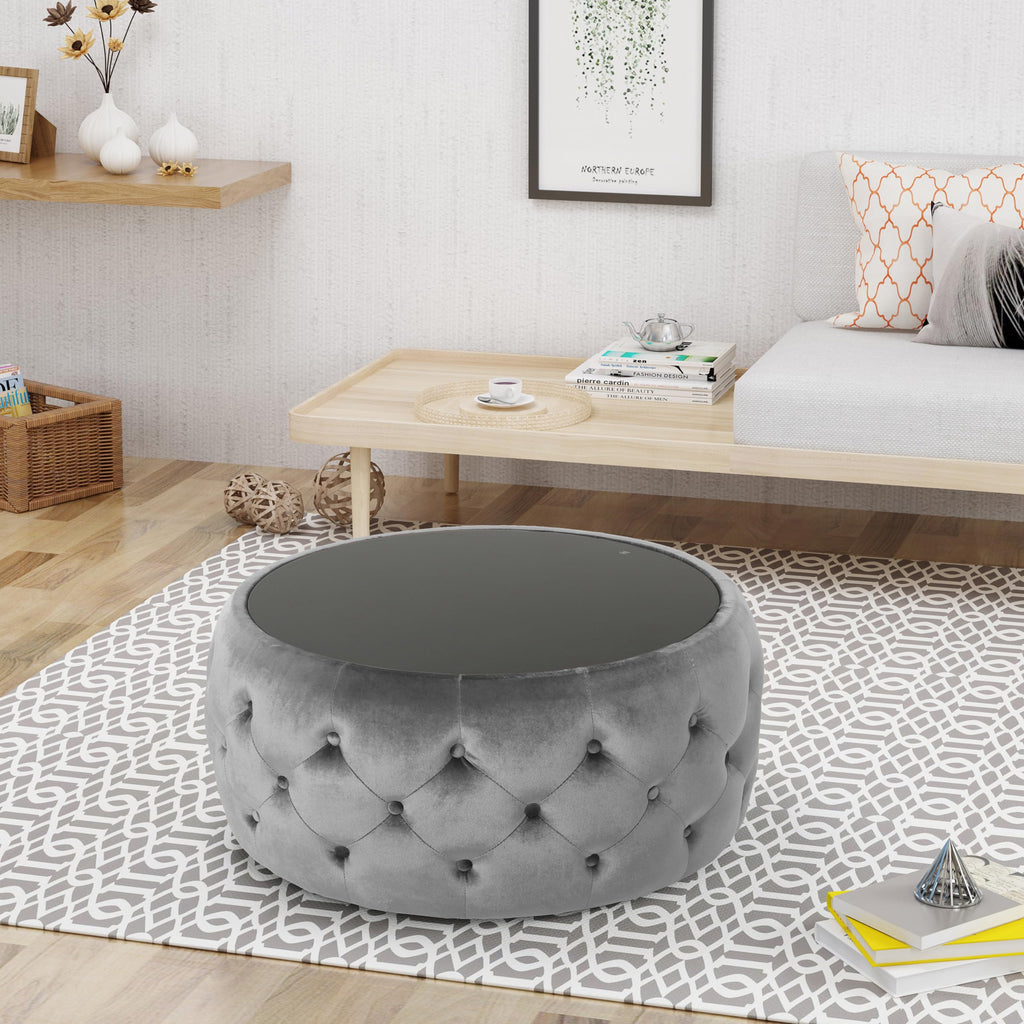 30" Round Velvet Ottoman Coffee Table, Button Tufted Coffee Table with Tempered Glass Top Modern Upholstered Tufted