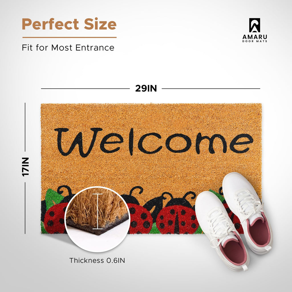 Coir Welcome Mat, Non-Slip, Ladybugs, 17 x 29 in