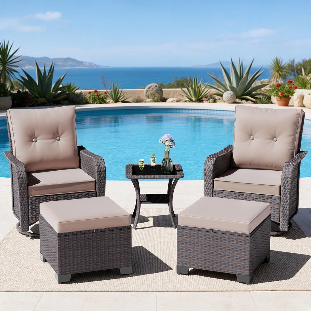 5-Piece Outdoor Swivel Rocking Chair Set with 4" Thick Cushions and High Back, Wicker Patio Chairs with Side Table &