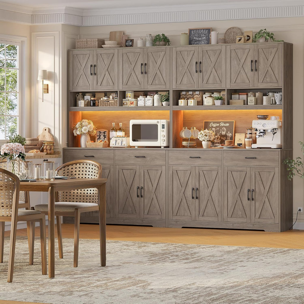 75" Tall Kitchen Pantry Storage Cabinet, 45" W Hutch Cabinet, Grey | Farmhouse Pantry Cabinet with Charging Station /