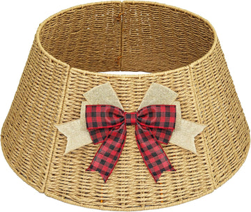 Christmas Tree Collar with Bow Knot, Handwoven Tree Base Cover Tree Skirt Accessory Decor Display, Natural (24 Inch)