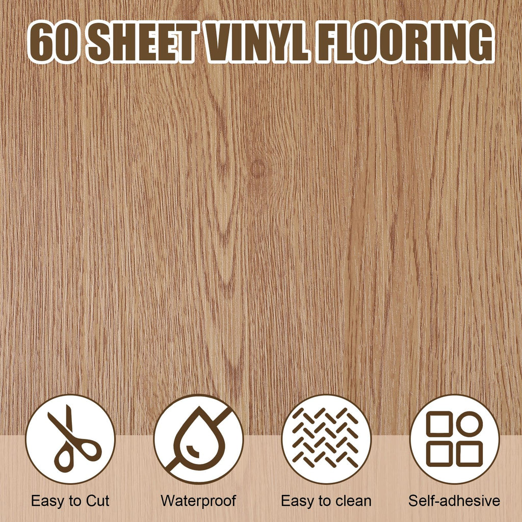 60 Pack Peel and Stick Vinyl Floor Tiles, 12x12 Inch, Brown