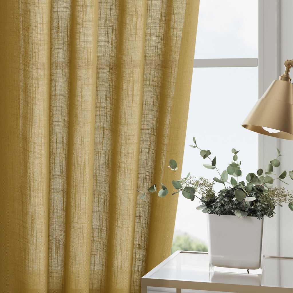 Gold Linen Curtains Semi Sheer Gold 96 Inches Long 2 Panels Set Back Tab Rod Pocket Light Filtering Drape Modern