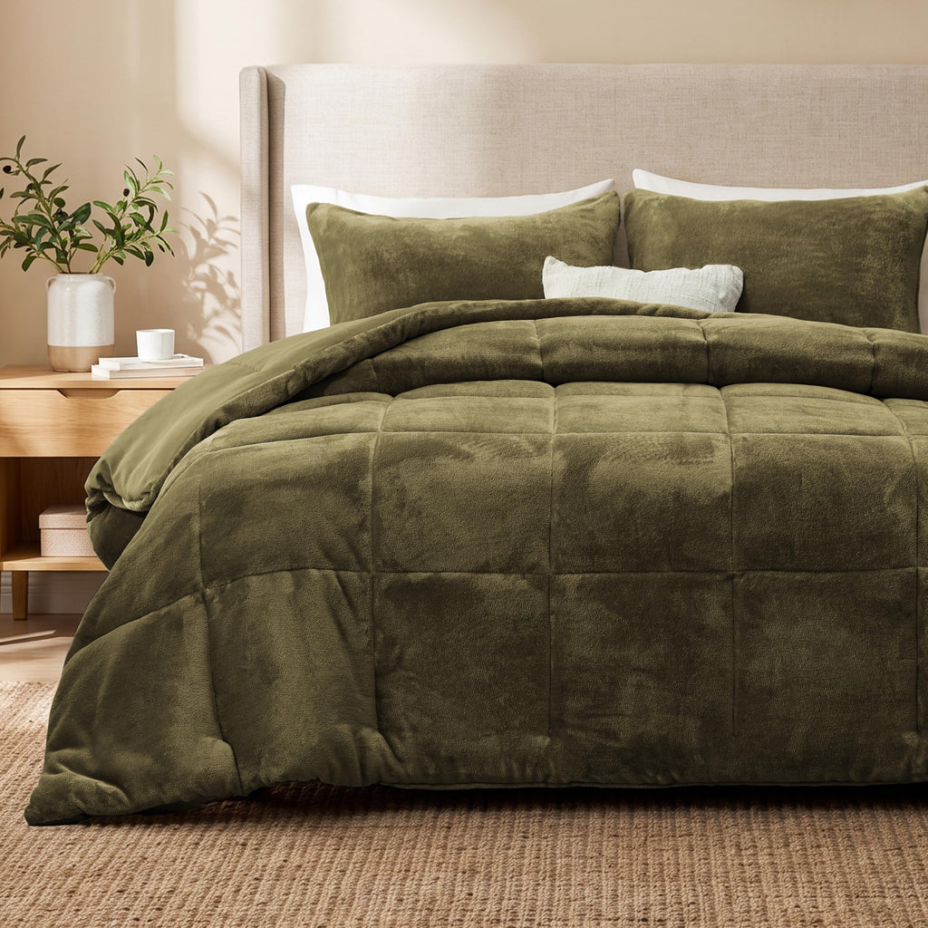 Flannel Comforter Set, Plush Jacquard, Olive Green