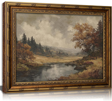Vintage Gold Framed Moody Landscape Wall art, Cottagecore Fall River Scenery Oil Painting Canvas Print, Autumn Forest