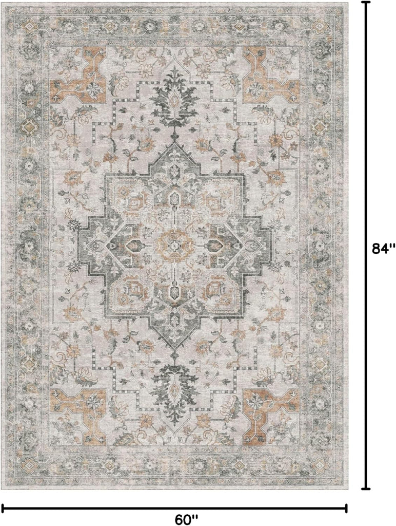 5X7 Area Rugs for Living Room, Machine Washable Non Slip Vintage Rugs, Low Pile Lightweight Chenille Print Rug for