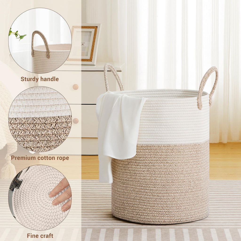 53L Tall Cotton Rope Laundry Basket with Handles, Brown