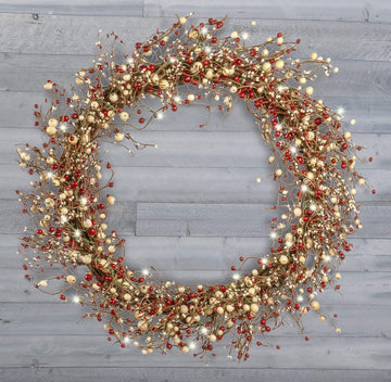30" Light-Up Christmas Wreath with Red and Cream Pip Berries, Battery-Operated LED Lights with Timer