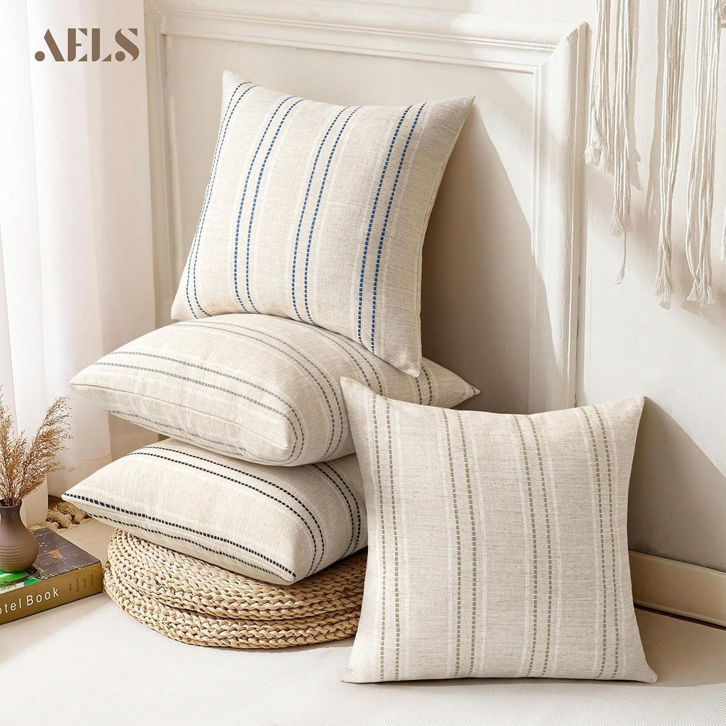 18x18 Decorative Farmhouse Linen Blend Throw Pillow Covers, Boho Textured Pillow Case, Set of 2, Beige with White &