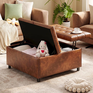 Brown Leather 36 Inch Extra Large Lift Top Living Room Storage Ottoman | Tufted Upholstered Shoe Storage Entry Bench